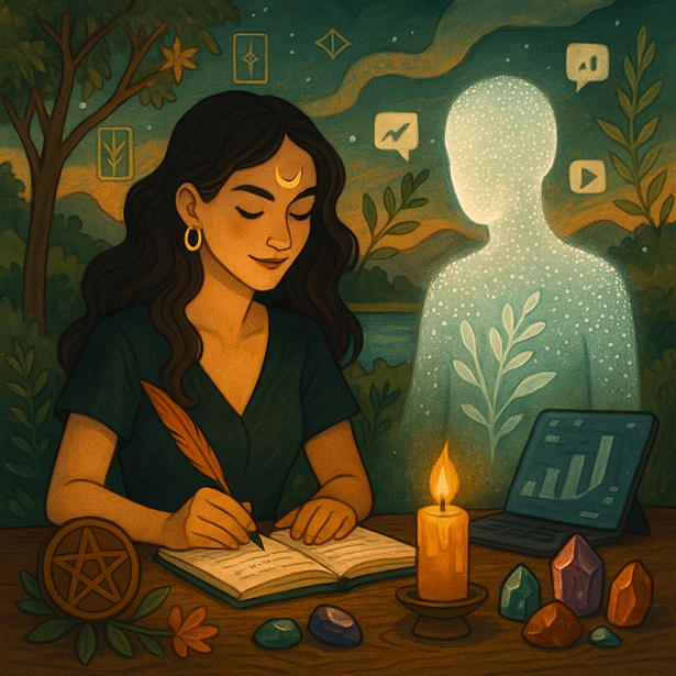 Ilustración de una mujer escribiendo bajo la luna
